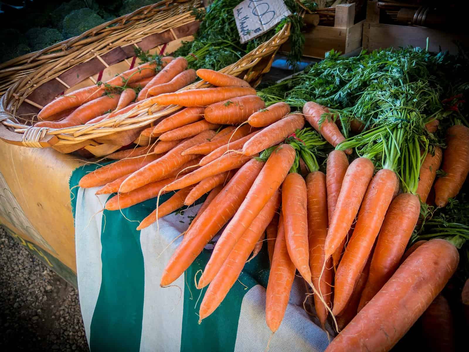 Cenouras robustas com ramo verdinho em uma barraca de feira